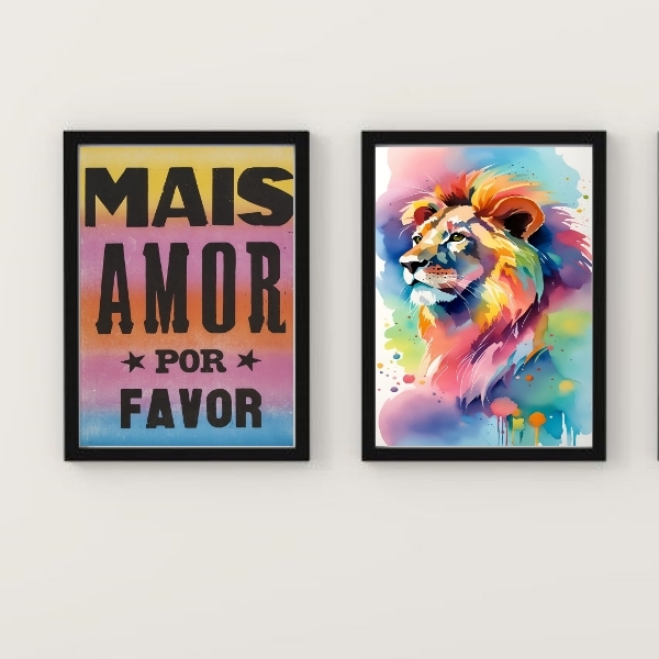 Kit 2 Quadros Leão Aquarela Mais Amor Por favor 24x18cm Moldu