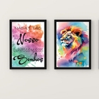 Kit 2 Quadros Leão Aquarela Nossos sonhos 24x18cm Moldura:mad