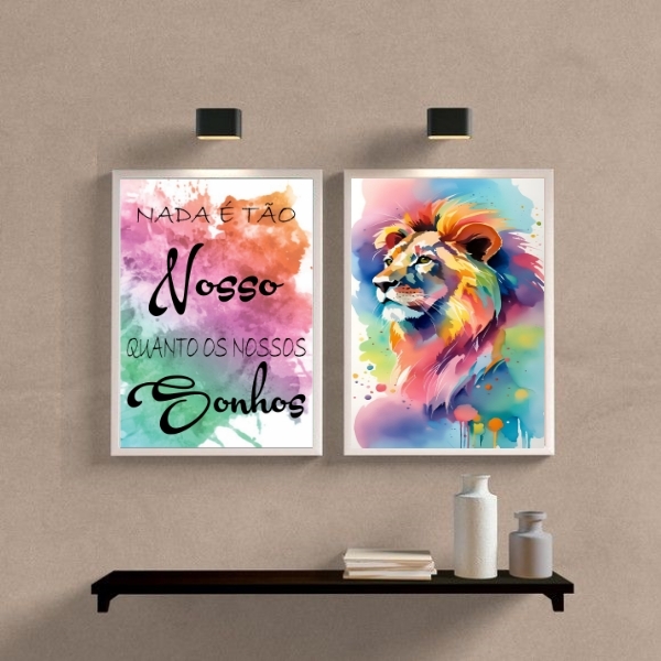 Kit 2 Quadros Leão Aquarela Nossos sonhos 33x24cm - Com Vidro