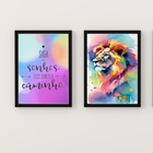 Kit 2 Quadros Leão Aquarela Siga Seus sonhos 24x18cm - Com Vi