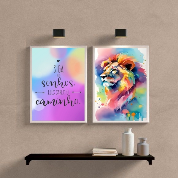Kit 2 Quadros Leão Aquarela Siga Seus sonhos 45x34cm - Com Vi