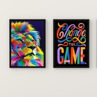 Kit 2 Quadros Leão Colorido Change The game 33x24cm - Com Vid