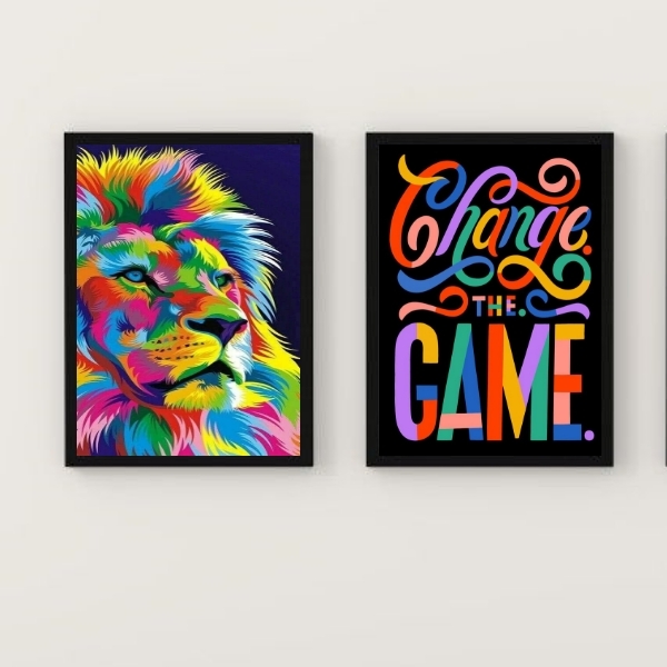 Kit 2 Quadros Leão Colorido Change The game 33x24cm Moldura:m