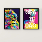 Kit 2 Quadros Leão Colorido Gratidão 33x24cm Moldura:madeira