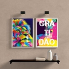 Kit 2 Quadros Leão Colorido Gratidão 45x34cm Moldura:madeira