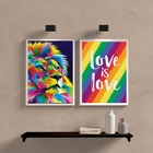 Kit 2 Quadros Leão Colorido Love is love 33x24cm - Com Vidro