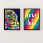 Kit 2 Quadros Leão Colorido Love is love 45x34cm Moldura:made