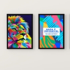 Kit 2 Quadros Leão Colorido Persistência 33x24cm - Com Vidro