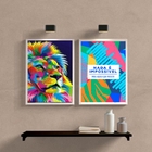 Kit 2 Quadros Leão Colorido Persistência 45x34cm - Com Vidro
