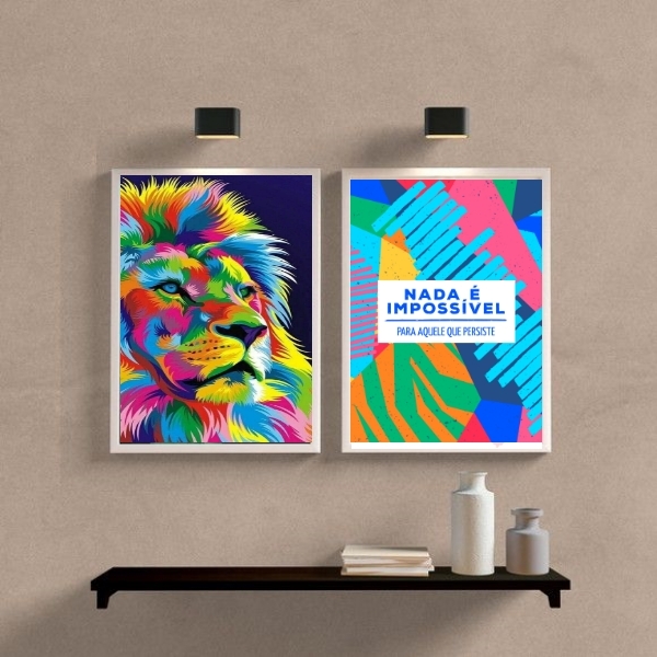 Kit 2 Quadros Leão Colorido Persistência 45x34cm - Com Vidro