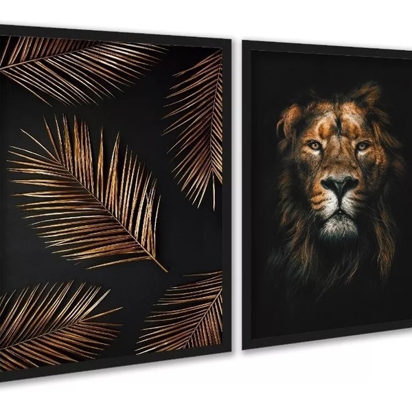 Kit 2 Quadros Leão E Palmeira - Bronze E Preto 33x24cm Moldur
