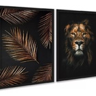 Kit 2 Quadros Leão E Palmeira - Bronze E Preto 45x34cm Moldur