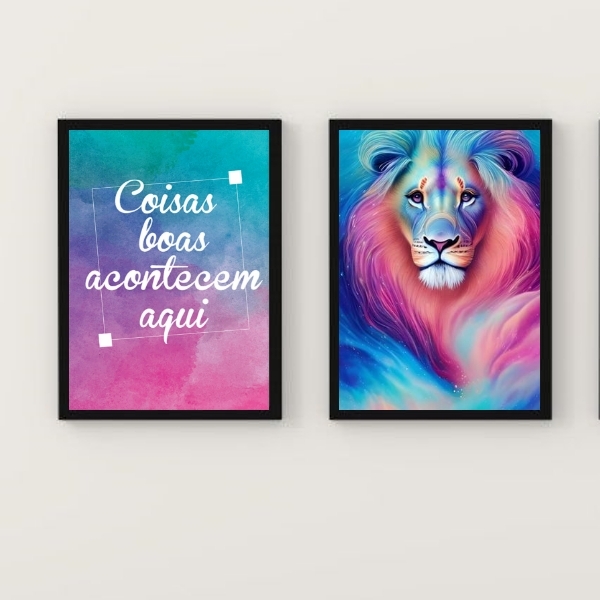 Kit 2 Quadros Leão Galaxia Coisas boas 33x24cm - Com Vidro Mo
