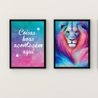 Kit 2 Quadros Leão Galaxia Coisas boas 45x34cm Moldura:madeir