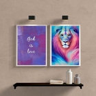 Kit 2 Quadros Leão Galaxia Deus é amor 33x24cm Moldura:madeir