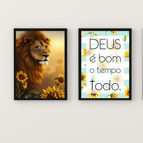Kit 2 Quadros Leão Girassóis Deus É Bom 24x18cm - Com Vidro M