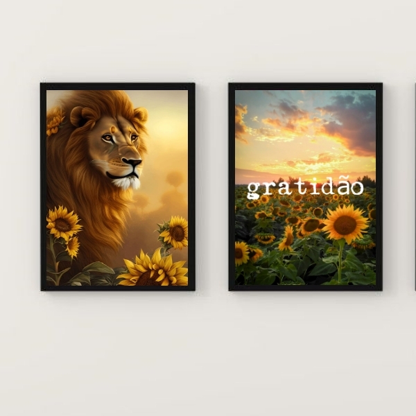 Kit 2 Quadros Leão Girassóis Gratidão 24x18cm - Com Vidro Mol