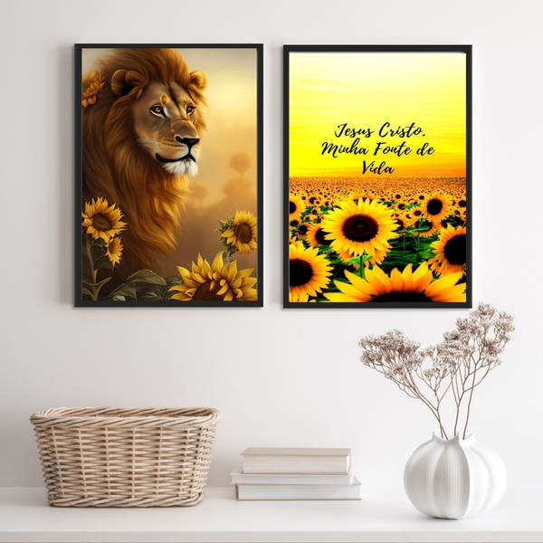 Kit 2 Quadros Leão Jesus Cristo Girassóis 24x18cm - Com Vidro