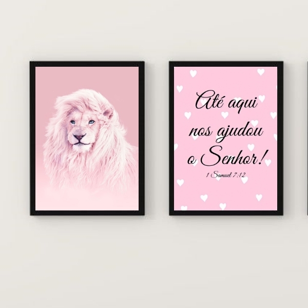 Kit 2 Quadros Leão Rosa Até Aqui Nos Ajudou o senhor 24x18cm