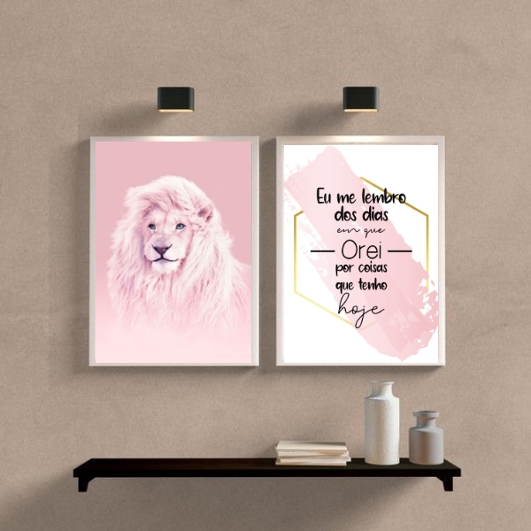 Kit 2 Quadros Leão Rosa Dias Em Que orei 45x34cm Moldura:made