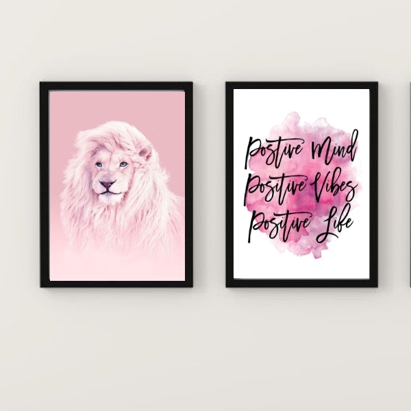 Kit 2 Quadros Leão Rosa Positive vibes 24x18cm Moldura:madeir