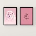 Kit 2 Quadros Leão Rosa Seja Forte E corajosa 45x34cm Moldura