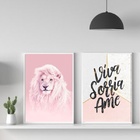 Kit 2 Quadros Leão Rosa Viva Sorria ame 24x18cm - Com Vidro M