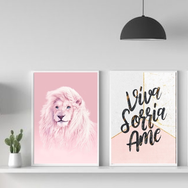 Kit 2 Quadros Leão Rosa Viva Sorria ame 24x18cm - Com Vidro M