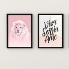 Kit 2 Quadros Leão Rosa Viva Sorria ame 24x18cm Moldura:madei