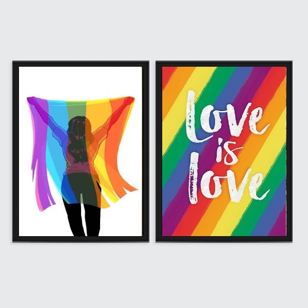 Kit 2 Quadros Lgbt Love Is Love 24x18cm Moldura:madeira Branca