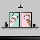 Kit 2 Quadros Lhama E Avestruz Chiclete 24x18cm Moldura:madei