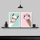 Kit 2 Quadros Lhama E Avestruz Chiclete 45x34cm - Com Vidro M