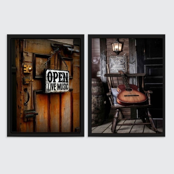 Kit 2 Quadros Live Music Violão Vintage 45x34cm - Com Vidro M