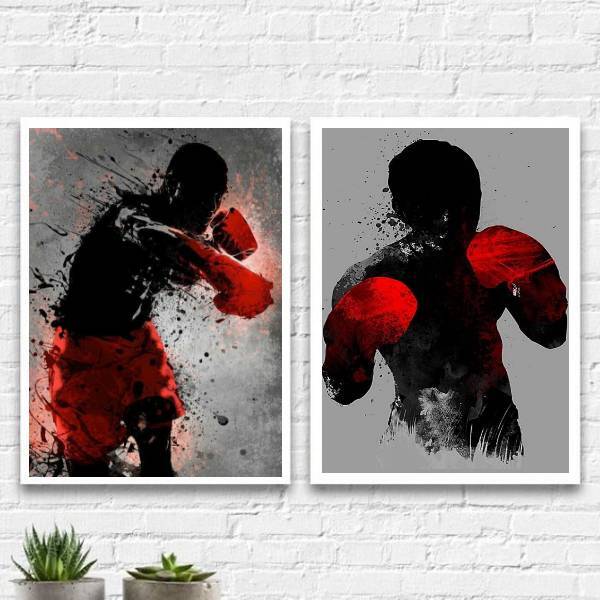 Kit 2 Quadros Lutadores De Boxe 45x34cm - Com Vidro Moldura:m
