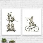 Kit 2 Quadros Macaquinhos Esportistas 24x18cm Moldura:madeira