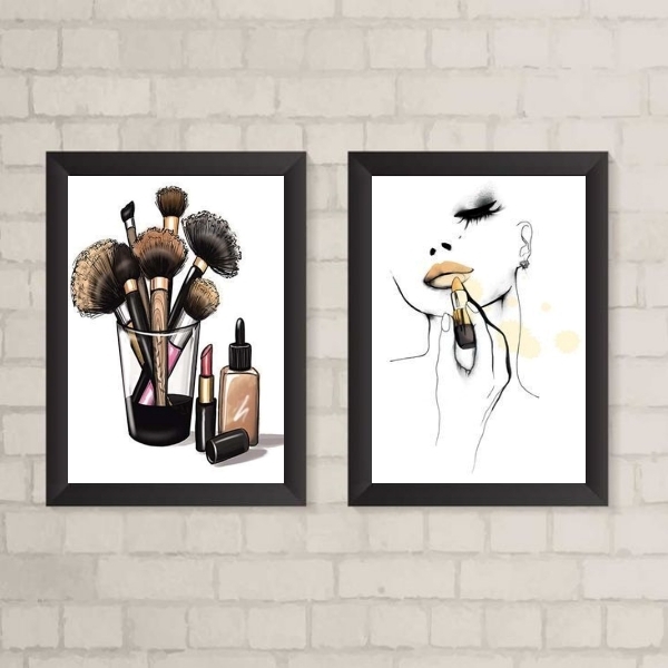 Kit 2 Quadros Makeup Mulher Maquiando 24x18cm - Com Vidro Mol