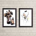 Kit 2 Quadros Makeup Mulher Maquiando 45x34cm - Com Vidro Mol