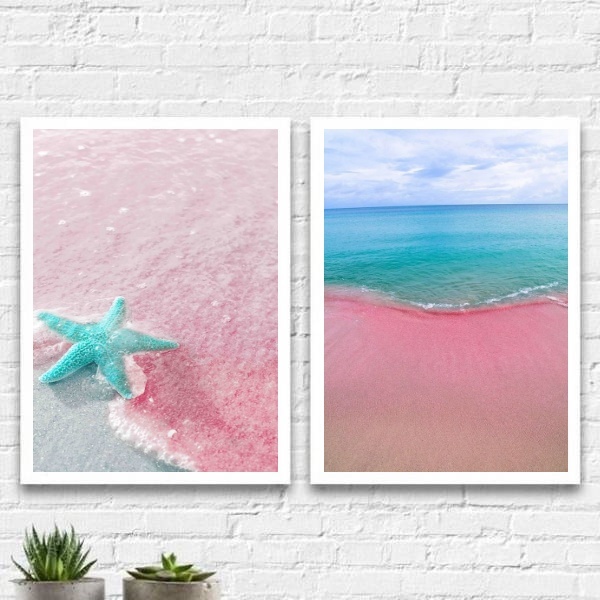 Kit 2 Quadros Mar Verão Rosa E Azul 33x24cm - Com Vidro Moldu