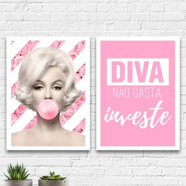 Kit 2 Quadros Marilyn Diva Rosa 45x34cm - Com Vidro Moldura:m