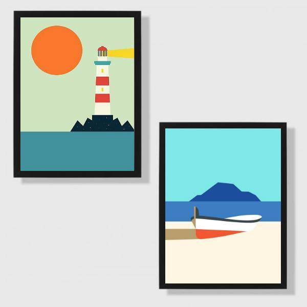 Kit 2 Quadros Marinha 45x34cm - Com Vidro Moldura:madeira Pre