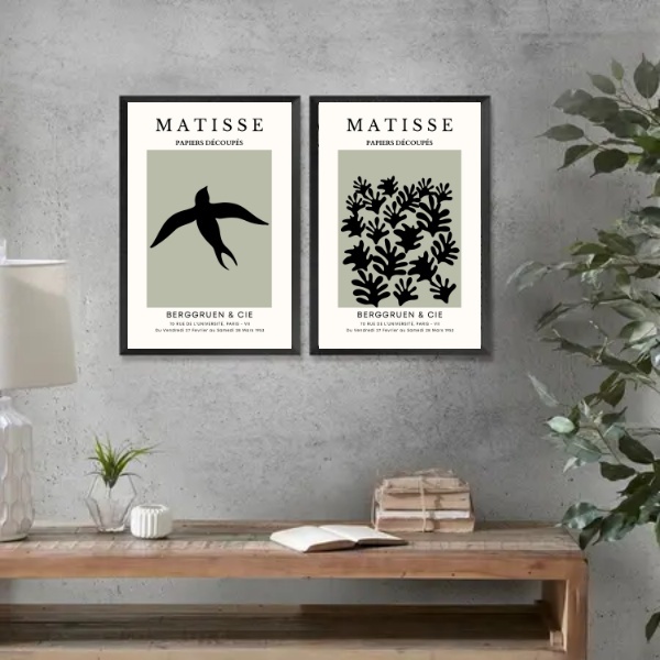 Kit 2 Quadros Matisse Andorinha E Coral 33x24cm Moldura Branca