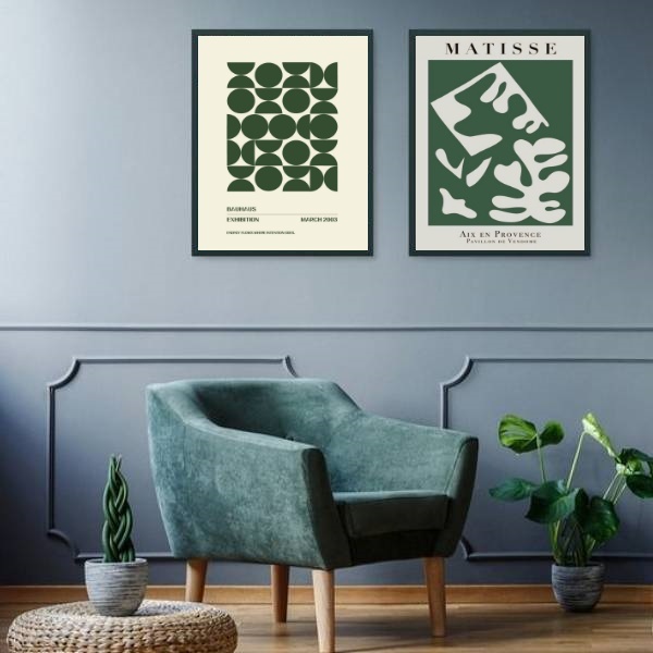 Kit 2 Quadros Matisse Bauhaus Verde Escuro 45x34cm Moldura Pr