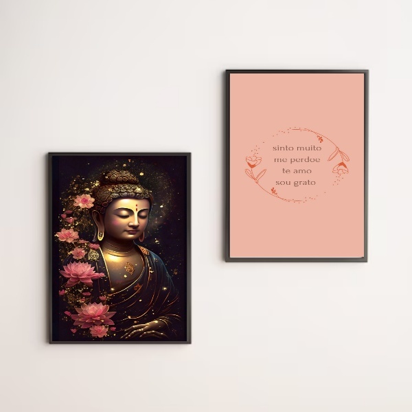 Kit 2 Quadros Meditação Hooponopono Buda 45x34cm - Com Vidro