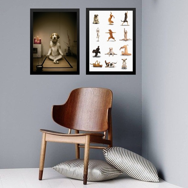 Kit 2 Quadros Meditação Yoga - Dogs 45x34cm Moldura:madeira B