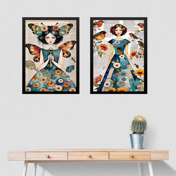 Kit 2 Quadros Menina - Borboletas E Pássaros 45x34cm Moldura