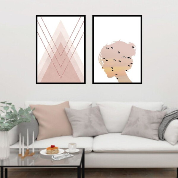 Kit 2 Quadros Menina Com Pássaros 60x40cm Moldura:madeira Bra