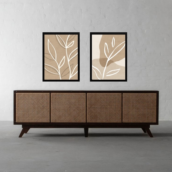 Kit 2 Quadros Minimalista Bege - Simple Leaf 45x34cm Moldura: