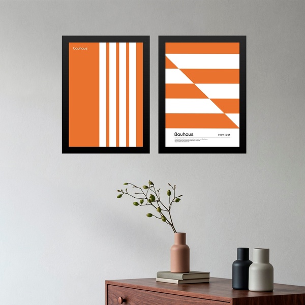 Kit 2 Quadros Minimalistas Modernos Laranja - Bauhaus 45x34cm