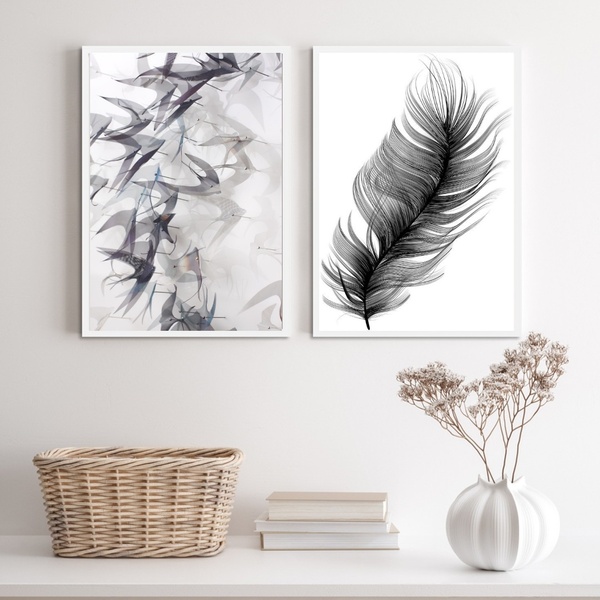 Kit 2 Quadros Minimalistas Modernos Pena E Andorinhas 24x18cm