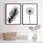 Kit 2 Quadros Minimalistas Modernos Pena e flor 33x24cm - Com